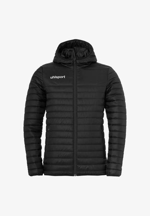Veste matelassée noire à capuche avec fermeture éclair frontale et logo "uhlsport" sur la poitrine gauche, conçue pour le temps froid.