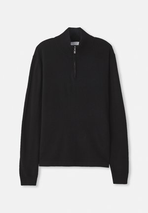 Schwarzer Reißverschluss-Pullover aus weichem Stoff, mit hohem Kragen und langen Ärmeln. Schlichtes Design ohne sichtbare Muster oder Beschläge.