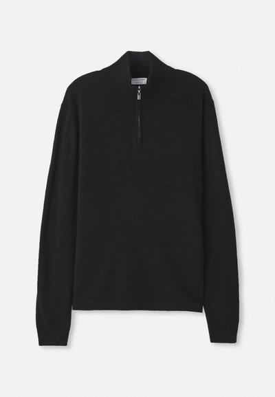 Schwarzer Reißverschluss-Pullover aus weichem Stoff, mit hohem Kragen und langen Ärmeln. Schlichtes Design ohne sichtbare Muster oder Beschläge.