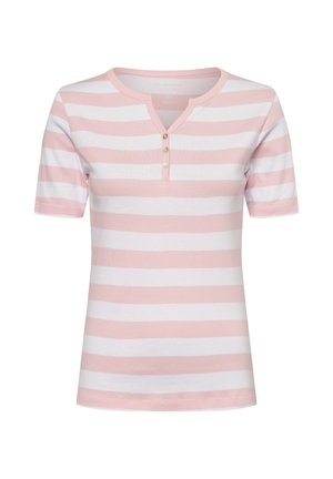 Gestreiftes Kurzarm-T-Shirt in Hellrosa und Weiß mit einem V-Ausschnitt und drei Knopfdetails auf der Vorderseite. Aus weichem Baumwollmaterial.