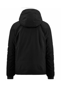 Giacca nera isolata con cappuccio, texture uniforme e design semplice, con maniche lunghe e senza hardware o motivi visibili.