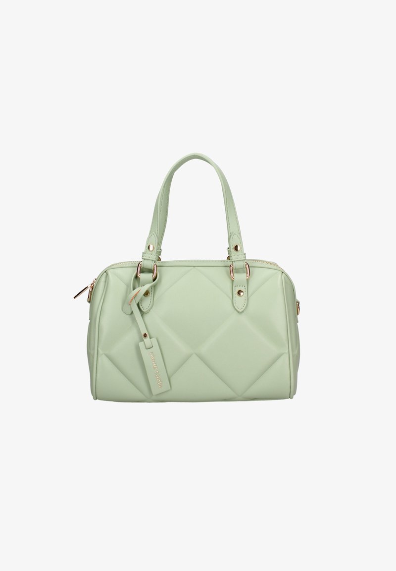 Sac à main matelassé vert menthe en cuir synthétique, avec quincaillerie dorée, deux poignées robustes et une étiquette suspendue.