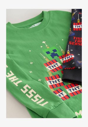 Zaļš džemperis ar pikselētu varoņa dizainu, zobena grafiku un krāsainiem 'TNT' blokiem. Piedāvā balto tekstu gar piedurkni.