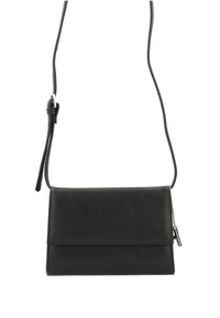 Black leather crossbody bag with adjustable strap, flap closure, and small silver zipper pull detail on the side.