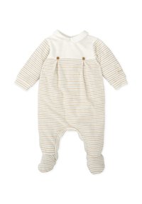 Bodysuit de bebé a rayas crema y beige con cuello tipo polo, dos botones de madera y piernas con pies. Tela suave con mangas texturizadas.