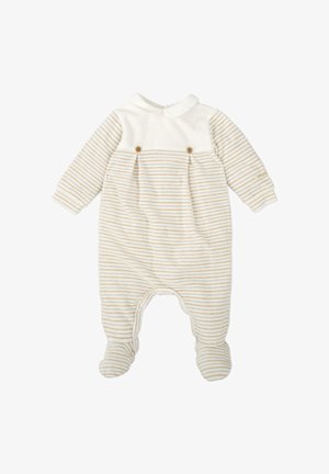 Bodysuit de bebé a rayas crema y beige con cuello tipo polo, dos botones de madera y piernas con pies. Tela suave con mangas texturizadas.