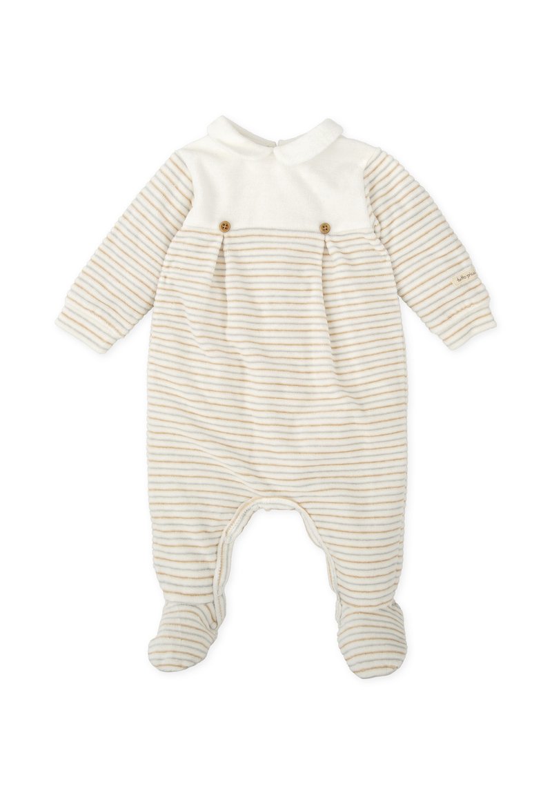 Bodysuit de bebé a rayas crema y beige con cuello tipo polo, dos botones de madera y piernas con pies. Tela suave con mangas texturizadas.