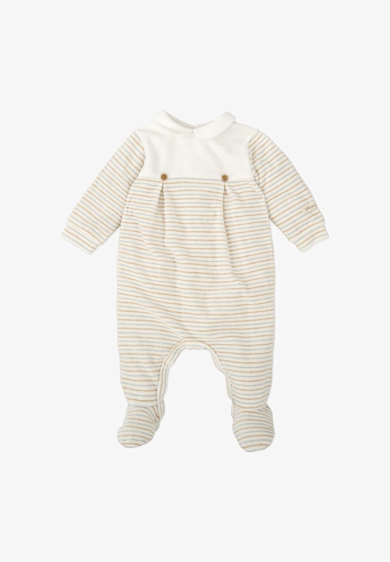Bodysuit de bebé a rayas crema y beige con cuello tipo polo, dos botones de madera y piernas con pies. Tela suave con mangas texturizadas.