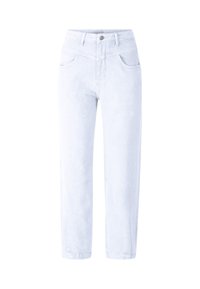 Jeans taille haute bleu clair avec une coupe droite, dotés de poches avant, d'une fermeture à bouton en métal et d'une texture subtile.