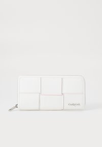 White wallet with a textured design featuring a woven pattern, red stitching accents, and a silver zipper. Logo embossed on the front.