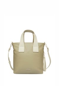 Beżowa syntetyczna torba na ramię z dwoma krótkimi uchwytami i dłuższym, regulowanym paskiem. Posiada kontrastowe kremowe akcenty oraz logo u spodu.
