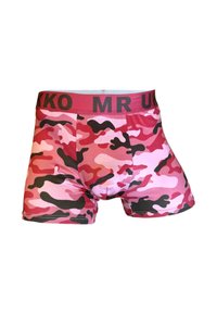 Boxers camouflage rose et noir avec une large ceinture élastique portant la marque "MR UK", fabriqués en tissu lisse et extensible.