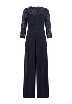 Marineblauer Overall mit Spitzenoberteil und dreiviertel Ärmeln, weitem Bein und hoher Taille mit Falten.