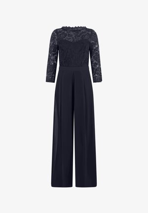 Marineblauer Overall mit Spitzenoberteil und dreiviertel Ärmeln, weitem Bein und hoher Taille mit Falten.