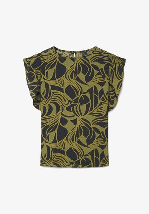 Schwarz-olivgrüne Bluse mit kurzen Ärmeln, abstraktem organischem Wirbel- und Blattmuster, rundem Ausschnitt und Knopfverschluss am Rücken.