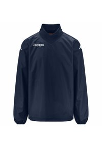 Giacca a vento navy realizzata in materiale leggero e resistente all'acqua. Presenta un colletto alto, polsini elasticizzati e il logo Kappa sul petto.
