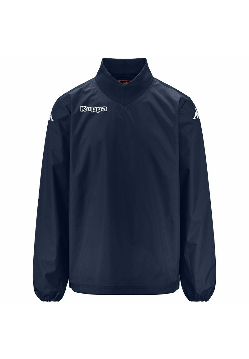 Giacca a vento navy realizzata in materiale leggero e resistente all'acqua. Presenta un colletto alto, polsini elasticizzati e il logo Kappa sul petto.