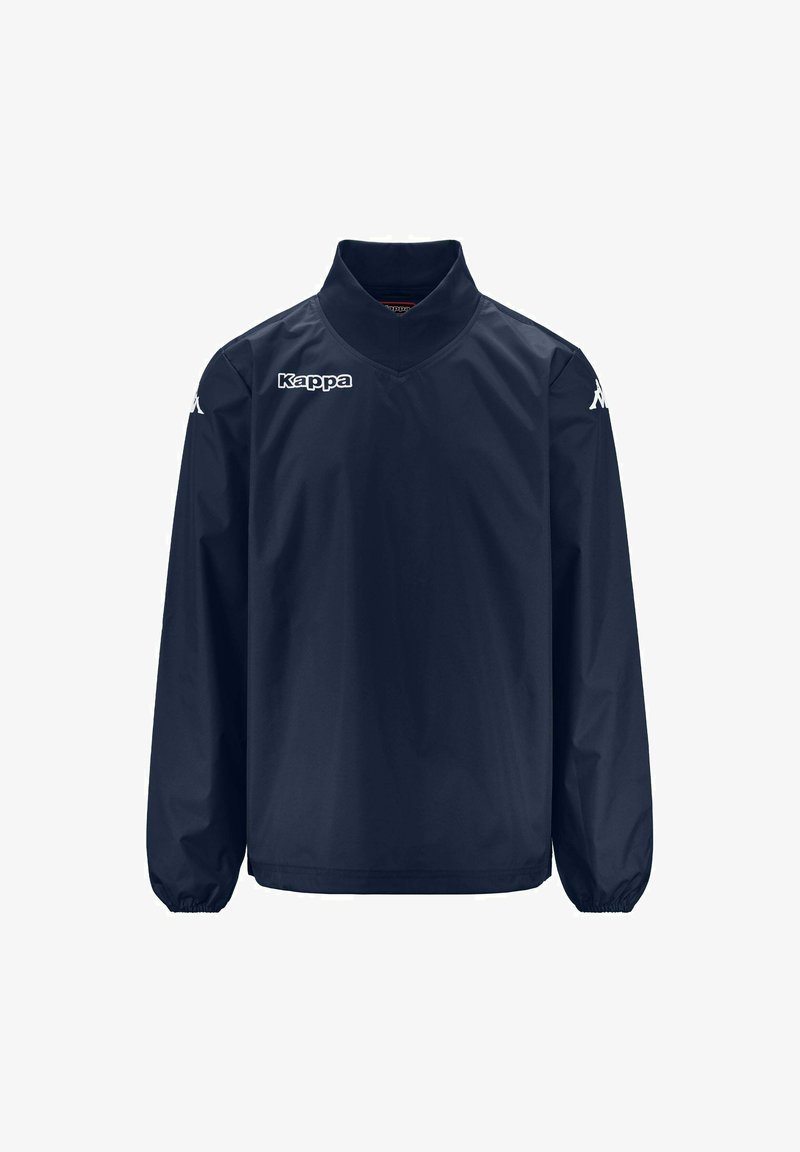 Giacca a vento navy realizzata in materiale leggero e resistente all'acqua. Presenta un colletto alto, polsini elasticizzati e il logo Kappa sul petto.