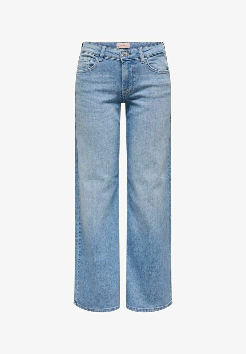 Jean denim bleu clair à jambes droites avec fermeture à boutons et fermeture éclair à l'avant, passants pour ceinture et design à cinq poches.