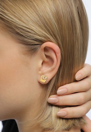 Goldfarbene Ohrringe in Fächerform, verziert mit klaren Strasssteinen. Glatte, reflektierende Oberfläche; am Ohr eines Models mit glattem Haar getragen.