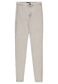 Ljust grå denim skinny jeans med hög midja, med en framknappsstängning och enkel sömnad på sidsömmarna.