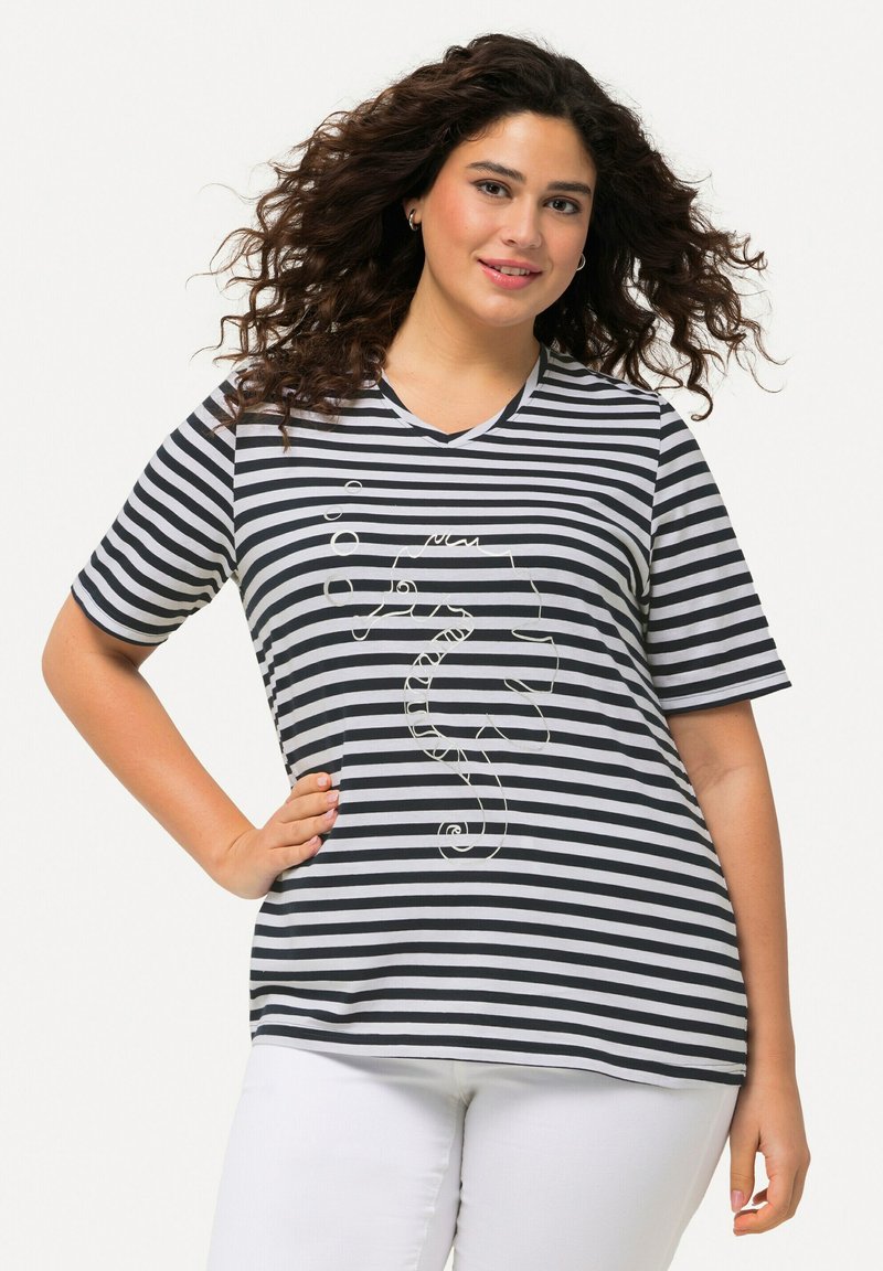 Ulla Popken STRIPED WILDLIFE GRAPHIC - Camiseta estampada - inky blue