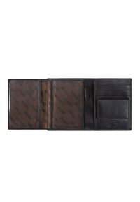 Portefeuille en cuir noir avec une texture lisse, comportant plusieurs fentes pour cartes, un porte-documents transparent et une doublure en tissu brun gaufré.