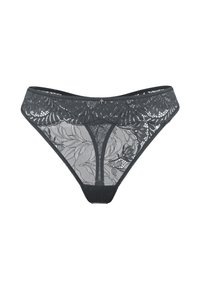 String noir en dentelle avec un motif floral, un design en mesh transparent et une bordure délicate, agrémenté d'un petit accent métallique à la taille.