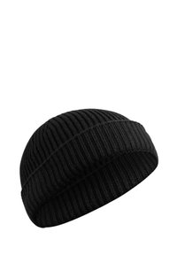 Black knit beanie featuring a ribbed design, soft texture, and a folded cuff. Simple, versatile accessory suitable for cold weather.
