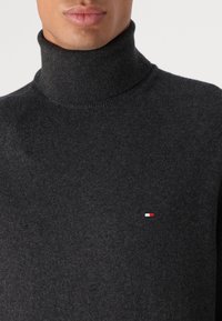 Dunkelgrauer Rollkragenpullover aus glattem Strickmaterial, mit einem kleinen Logo in Rot, Weiß und Blau auf der Brust.