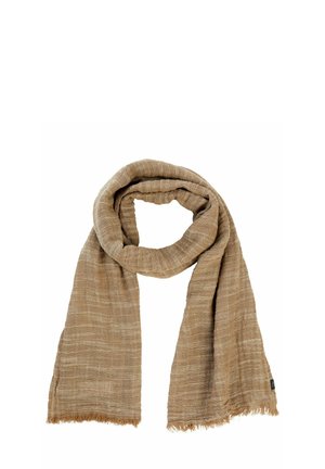 Écharpe tissée marron avec une texture douce, dotée d'un bord frangé et d'un motif horizontal subtil. Mesure environ 180 cm de longueur.