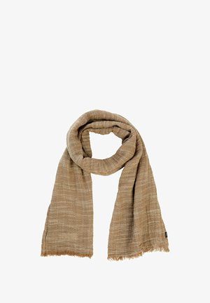 Brun vævet tørklæde med blød tekstur, der har en frynset kant og en subtil vandret mønster. Måler cirka 180 cm i længden.