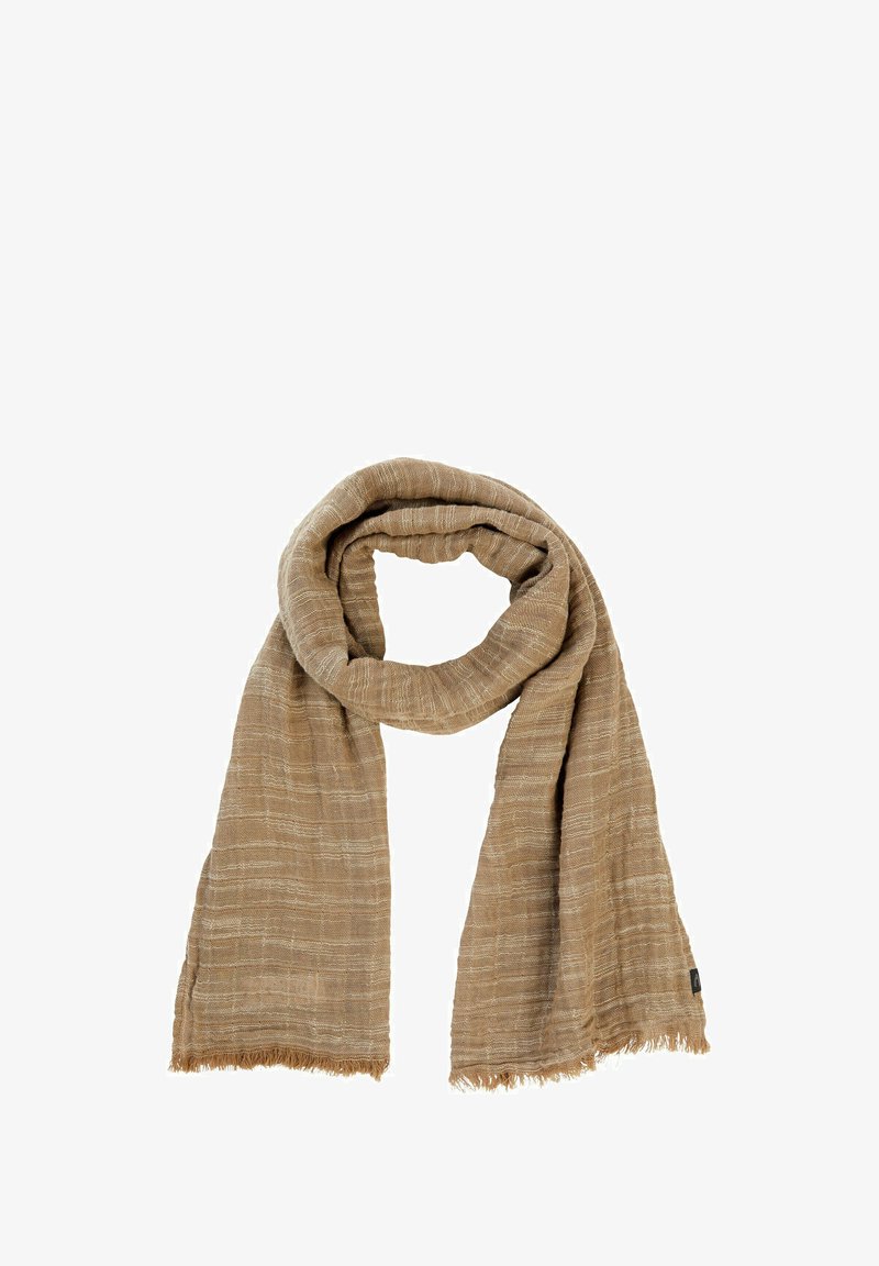 Brun vævet tørklæde med blød tekstur, der har en frynset kant og en subtil vandret mønster. Måler cirka 180 cm i længden.