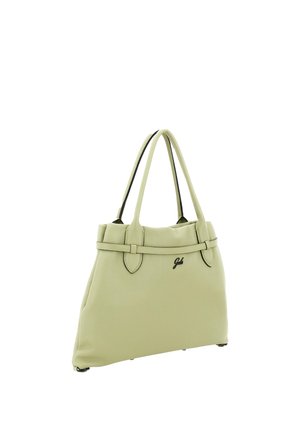 Borsa a mano in pelle verde chiaro con doppi manici, dettaglio sottile della cinturina e piccolo logo nero sul lato frontale.