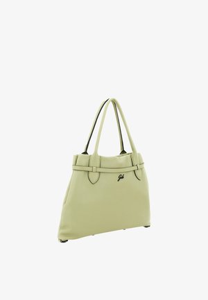 Borsa a mano in pelle verde chiaro con doppi manici, dettaglio sottile della cinturina e piccolo logo nero sul lato frontale.