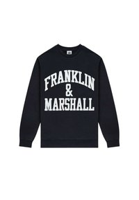Black sweatshirt with white "FRANKLIN & MARSHALL" text. Features crew neck, long sleeves, and ribbed cuffs and bottom hem. Soft fabric.