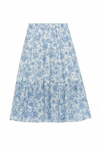 Blommönstrad kjol med ljusblå bakgrund och mörkblå blommor, med en lagerdesign och elastisk midja.