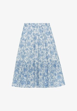 Blomstret nederdel med en lyseblå baggrund og mørkere blå blomster, med lagdelt design og elastisk talje.