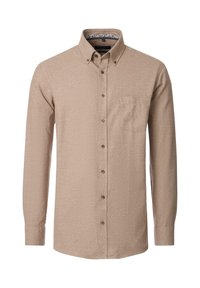 Beige skjorte med lange ærmer lavet af tekstureret stof, featuring en skjortekrave, frontlomme og brune knapper. Indersiden af kraven har et mønster.