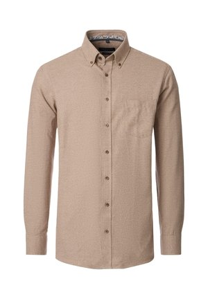 Beige skjorte med lange ærmer lavet af tekstureret stof, featuring en skjortekrave, frontlomme og brune knapper. Indersiden af kraven har et mønster.