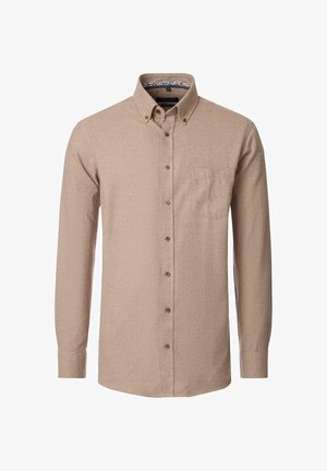 Beige Langarmhemd aus strukturiertem Stoff, mit Button-Down-Kragen, Brusttasche und braunen Knöpfen. Der Innenteil des Kragens hat ein Muster.