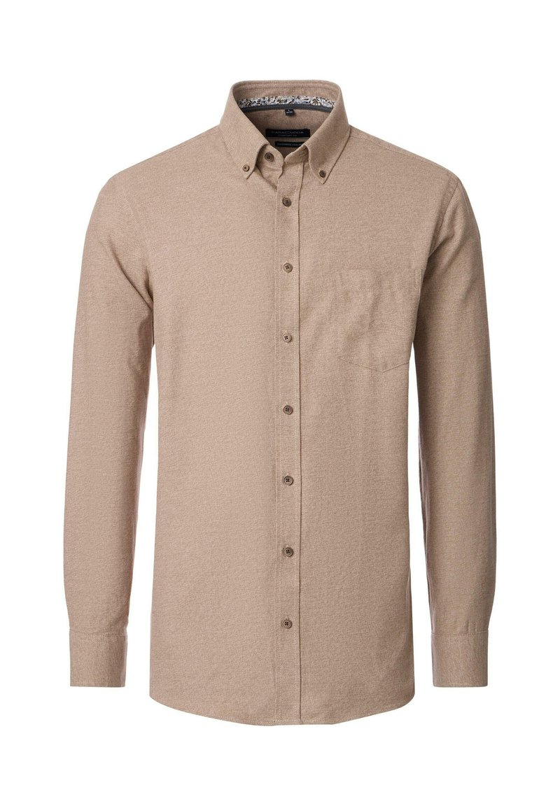 Beige skjorte med lange ærmer lavet af tekstureret stof, featuring en skjortekrave, frontlomme og brune knapper. Indersiden af kraven har et mønster.