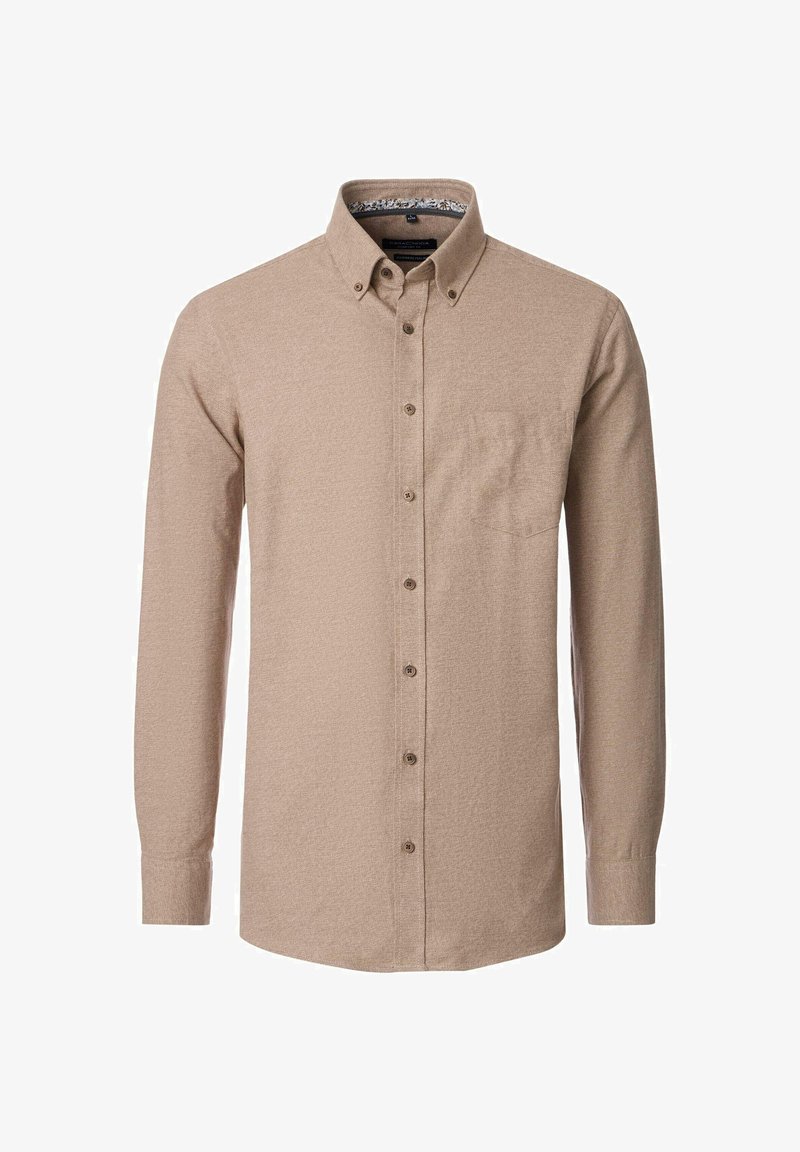 Beige skjorte med lange ærmer lavet af tekstureret stof, featuring en skjortekrave, frontlomme og brune knapper. Indersiden af kraven har et mønster.