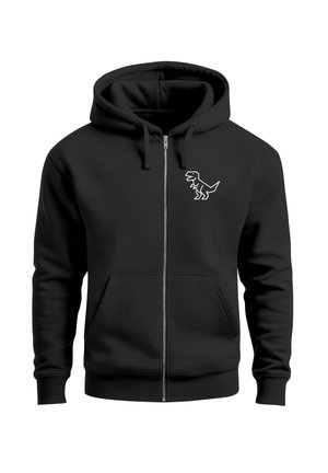Black zip-up hoodie with front pockets, drawstring hood, and a small white outlined T-Rex dinosaur graphic on the left chest.