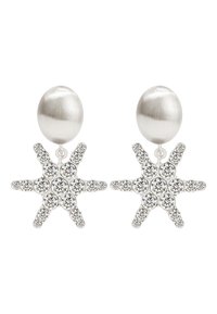 Ohrringe in Silberoptik mit einer gebürsteten ovalen Stecknadel und einem sternförmigen Anhänger, der mit runden, klaren Strasssteinen verziert ist.