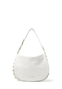 Borsa a mano in pelle bianca con forma curva e finitura lucida, con dettagli in metallo dorato lungo la zip e la tracolla.