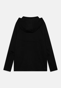 Black hoodie with long sleeves, a hood, and a straight hem. Features minimal design and no visible patterns or hardware.