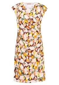 Sukienka bez rękawów z geometrycznym wzorem w kolorach brązu, żółci i zieleni. Zawijany fason z marszczeniem po boku.