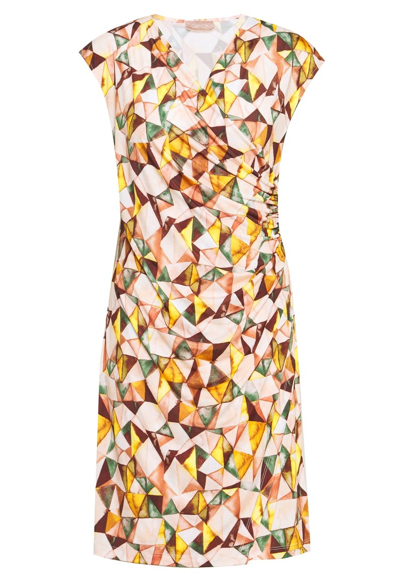 Sukienka bez rękawów z geometrycznym wzorem w kolorach brązu, żółci i zieleni. Zawijany fason z marszczeniem po boku.