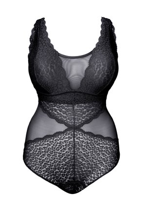 Black lace bodysuit with floral patterns, sheer mesh panels, scalloped edges, and a deep V-neckline on sleeveless design.